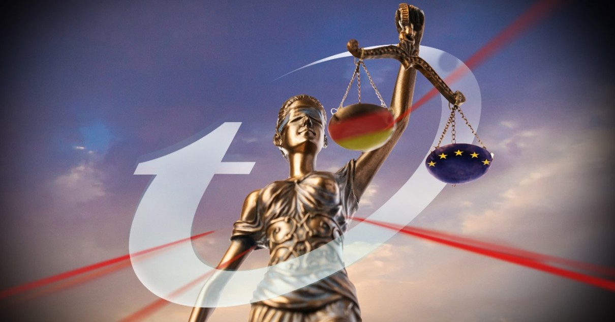 Justitia with a German and a European scale. Above the logo of Trend Micro