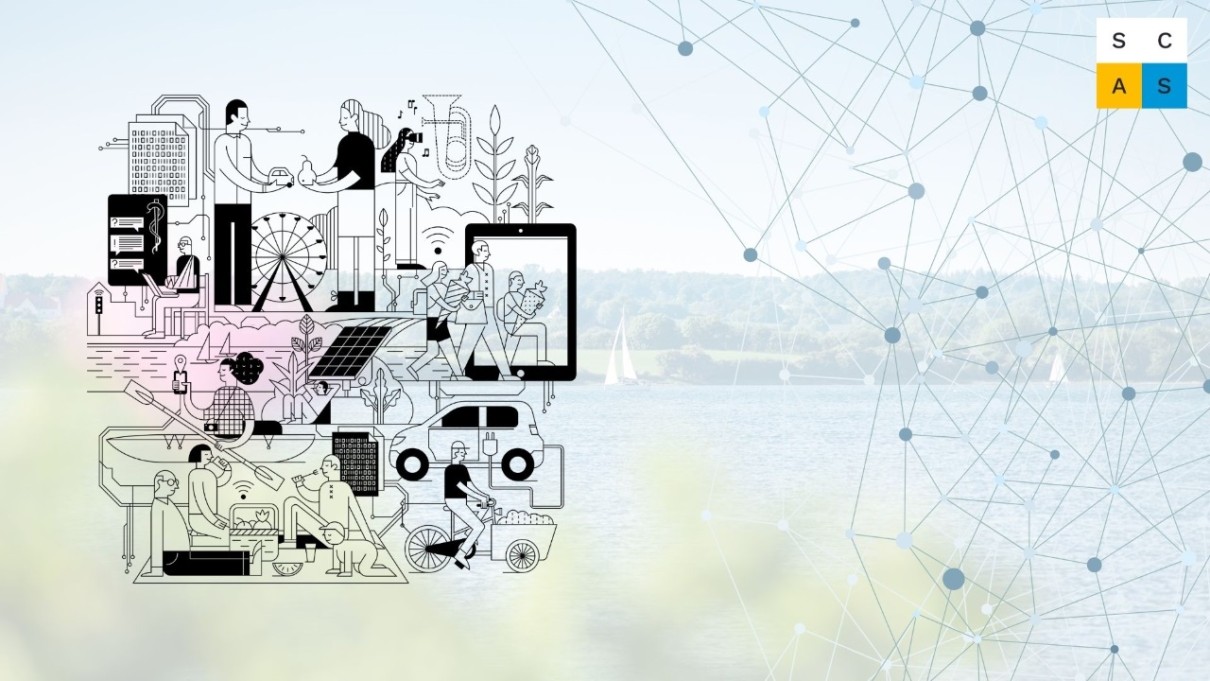 In the background is a body of water, in the foreground a graphic illustrating the different areas of the Smart City. 