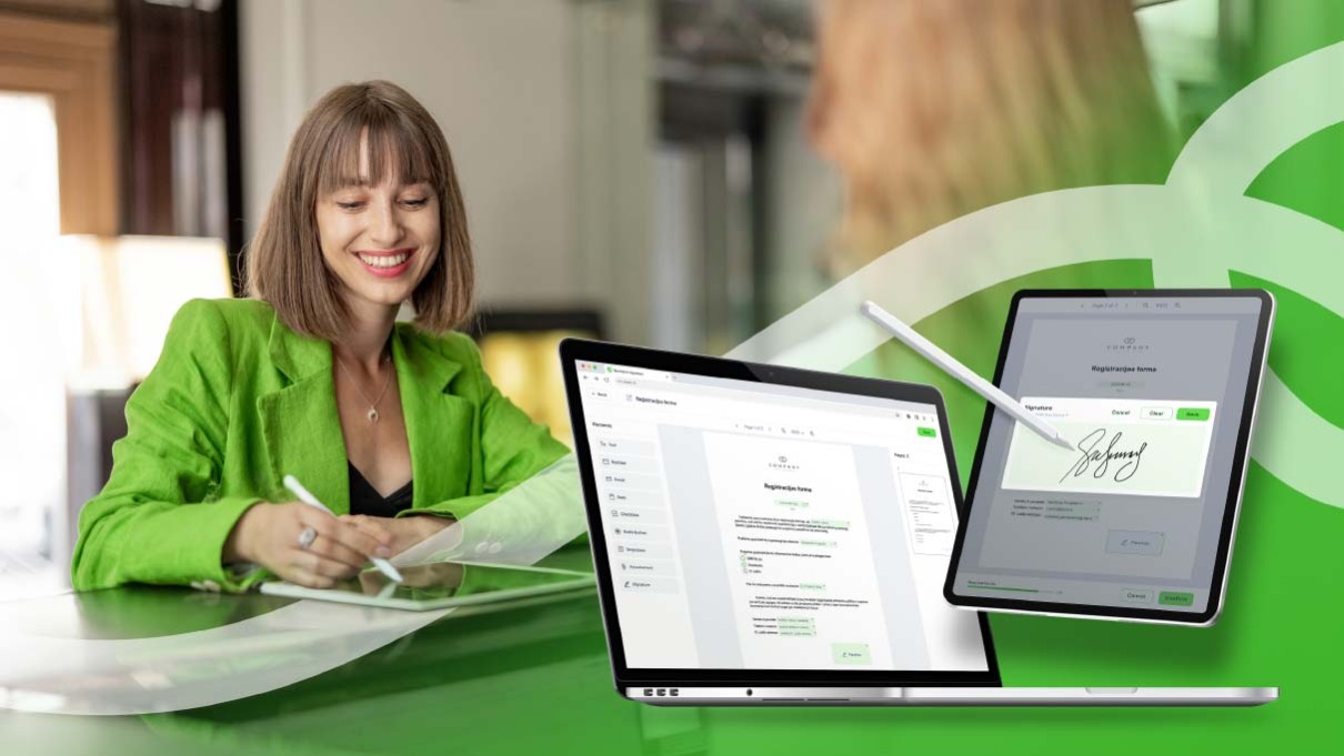 Eine Frau, die einen digitalen Stift und ein Tablet benutzt, um ein Dokument in einer Büroumgebung zu unterschreiben. Eine Frau, die einen digitalen Stift und ein Tablet benutzt, um ein Dokument in einer Büroumgebung zu unterschreiben.