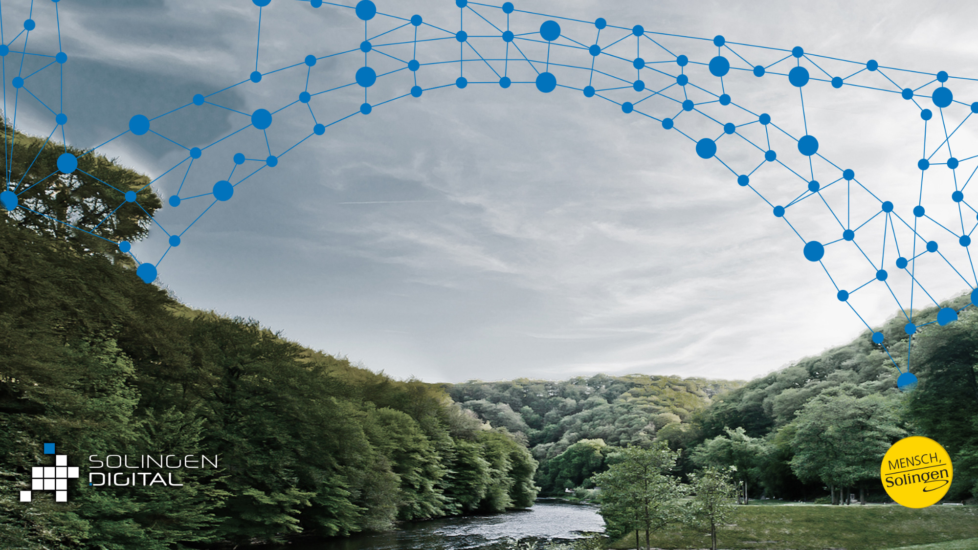 A landscape with lots of trees, a river in the centre and a bridge made of digital dots spanned across it. 