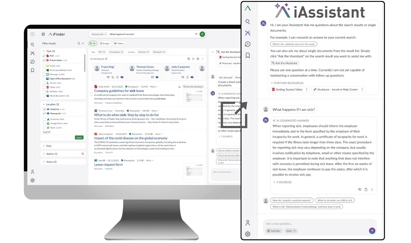 The image shows the iAssistant interface and a search field in which users can enter their questions. 