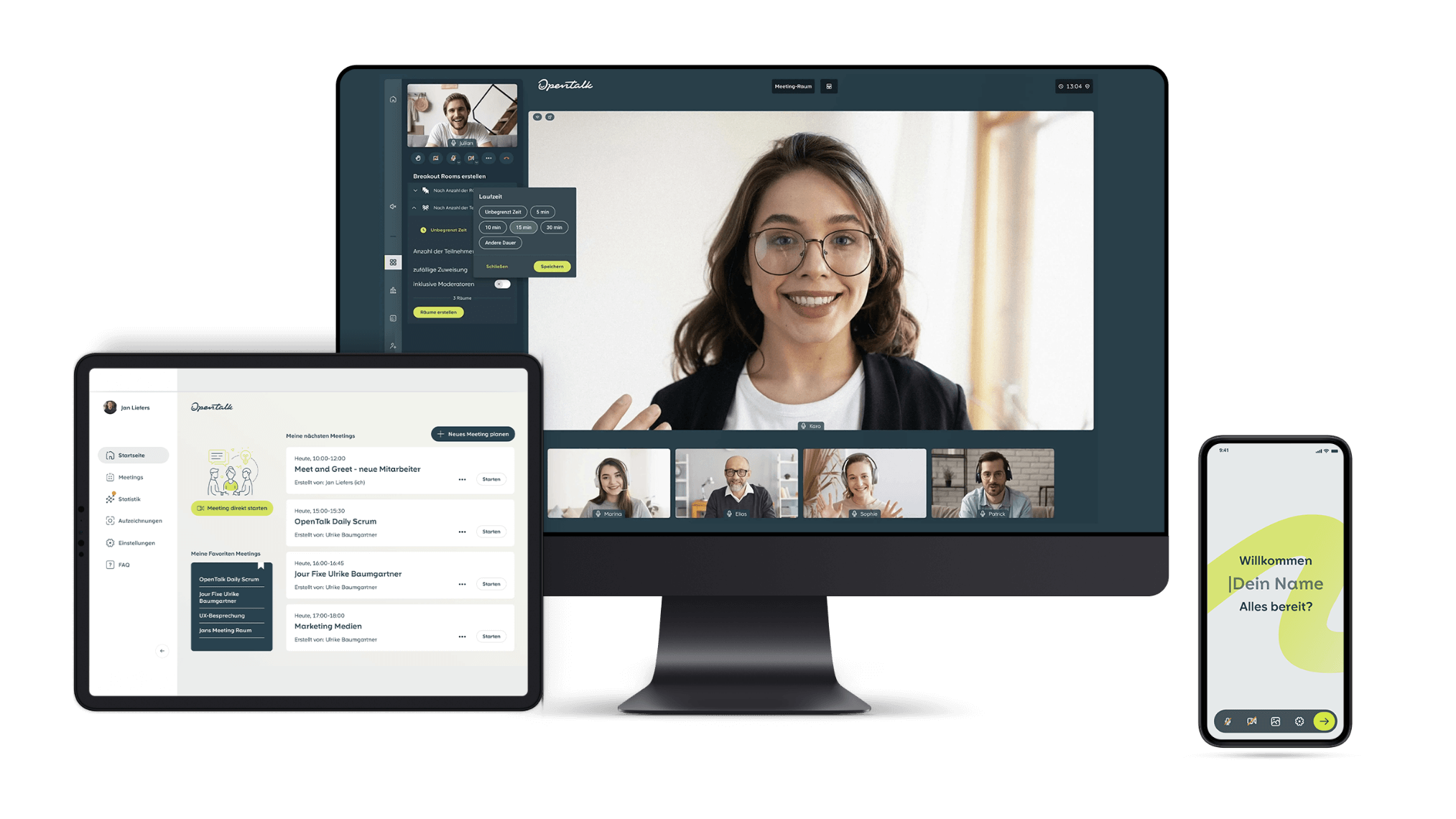 The image shows the interface of the OpenTalk video conferencing solution on a computer tablet and smartphone screen. 