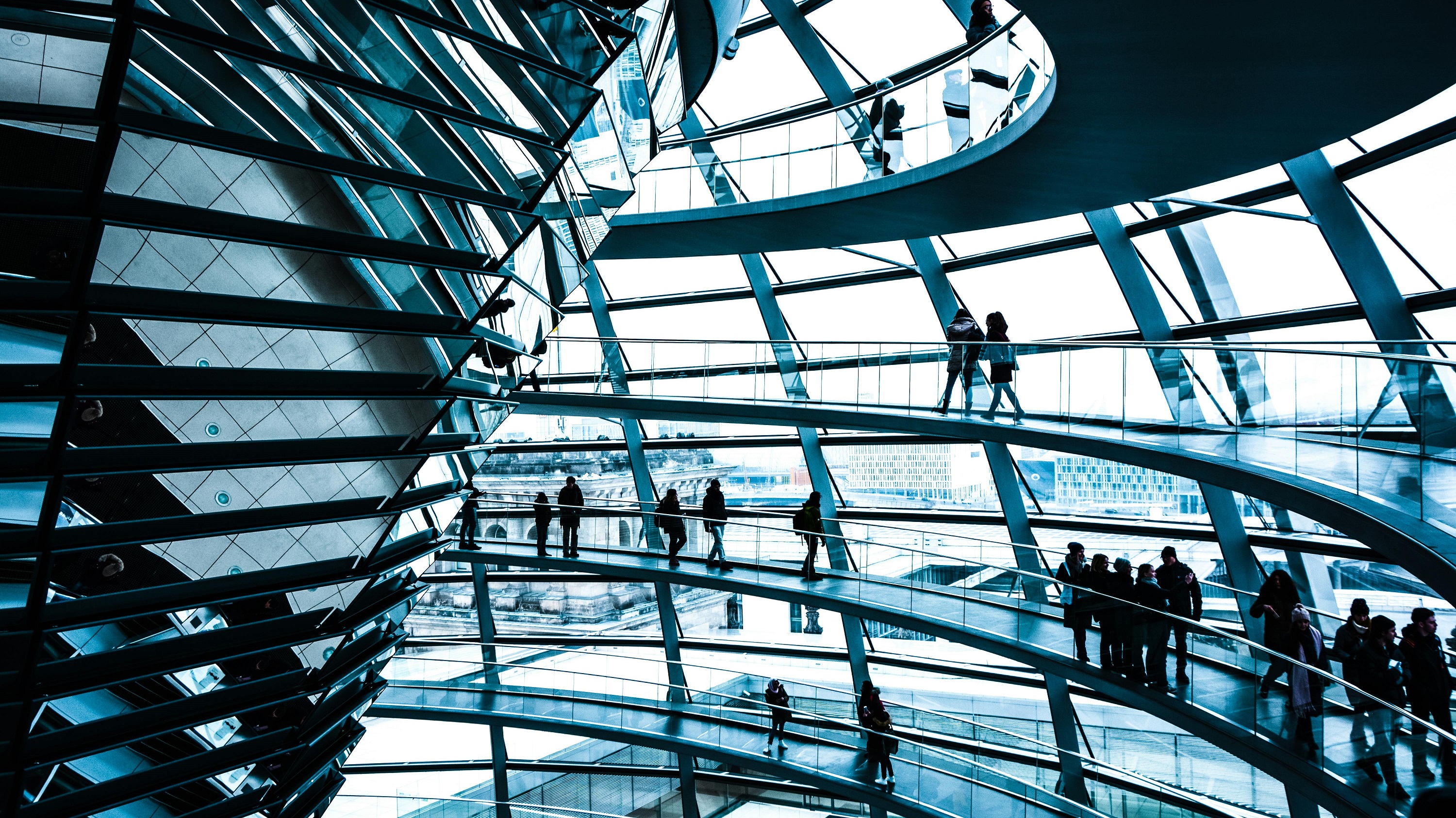 Glass dome, people in motion. 
