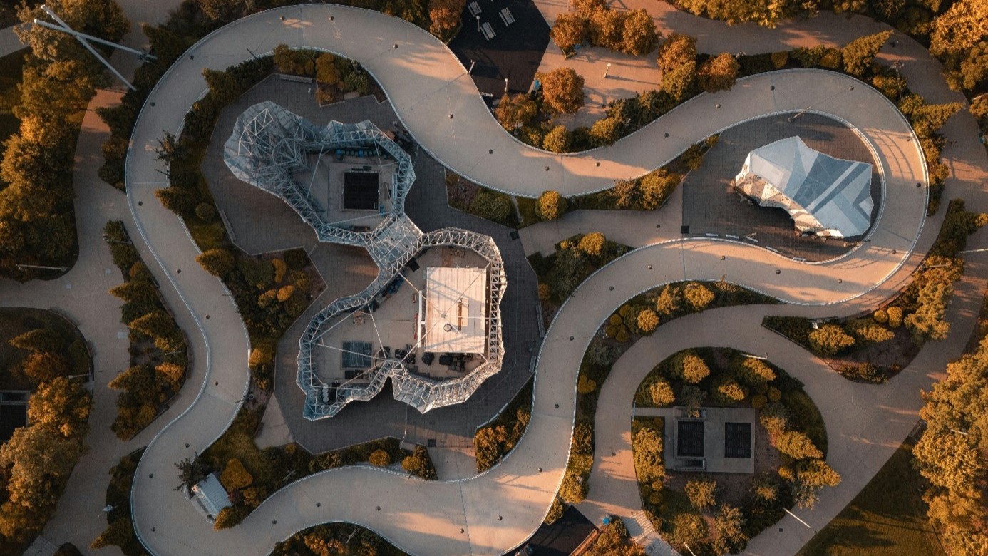 Winding street with futuristic buildings