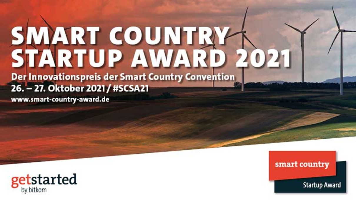 Smart Country Startup Award 2021 - Der Innovationspreis der Smart Country. Visual mit Windkrafträdern. Smart Country Startup Award 2021 - Der Innovationspreis der Smart Country. Visual mit Windkrafträdern.