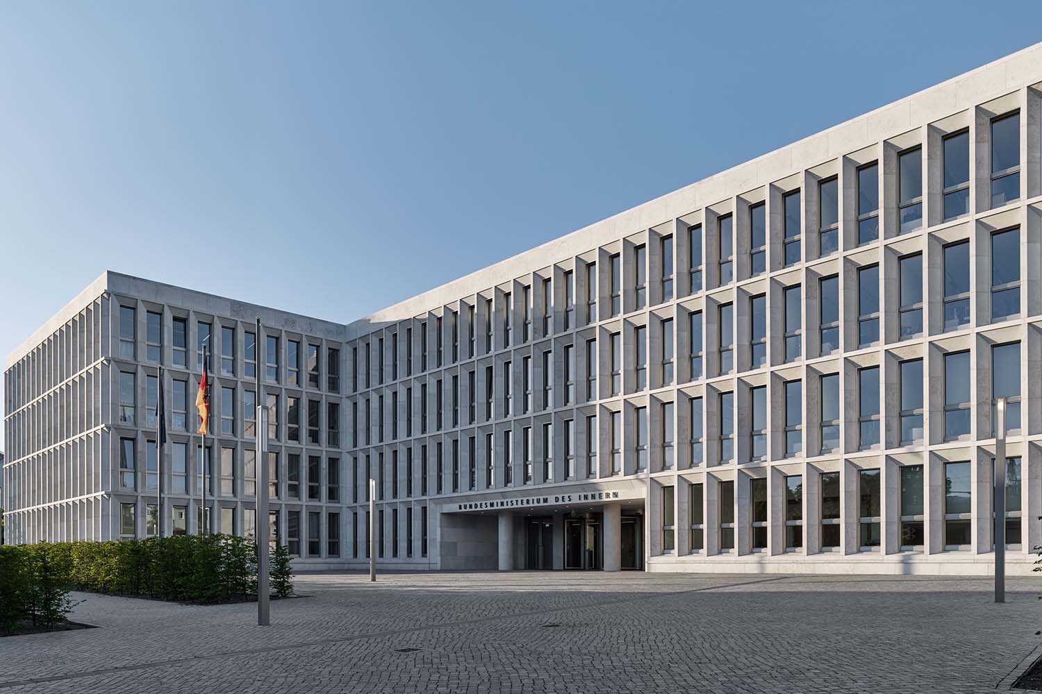 View of the main entrance of the new building of the Federal Ministry at Moabiter Werder.